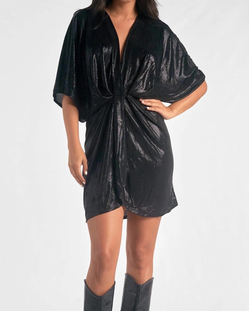 Front of a model wearing a size L Liquid Metal Dolman Sleeve Dress In Black in Black by ELAN. | dia_product_style_image_id:359603